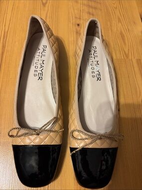 Paul Mayer Beige Quilted Flats with Black Patent Cap-Toe